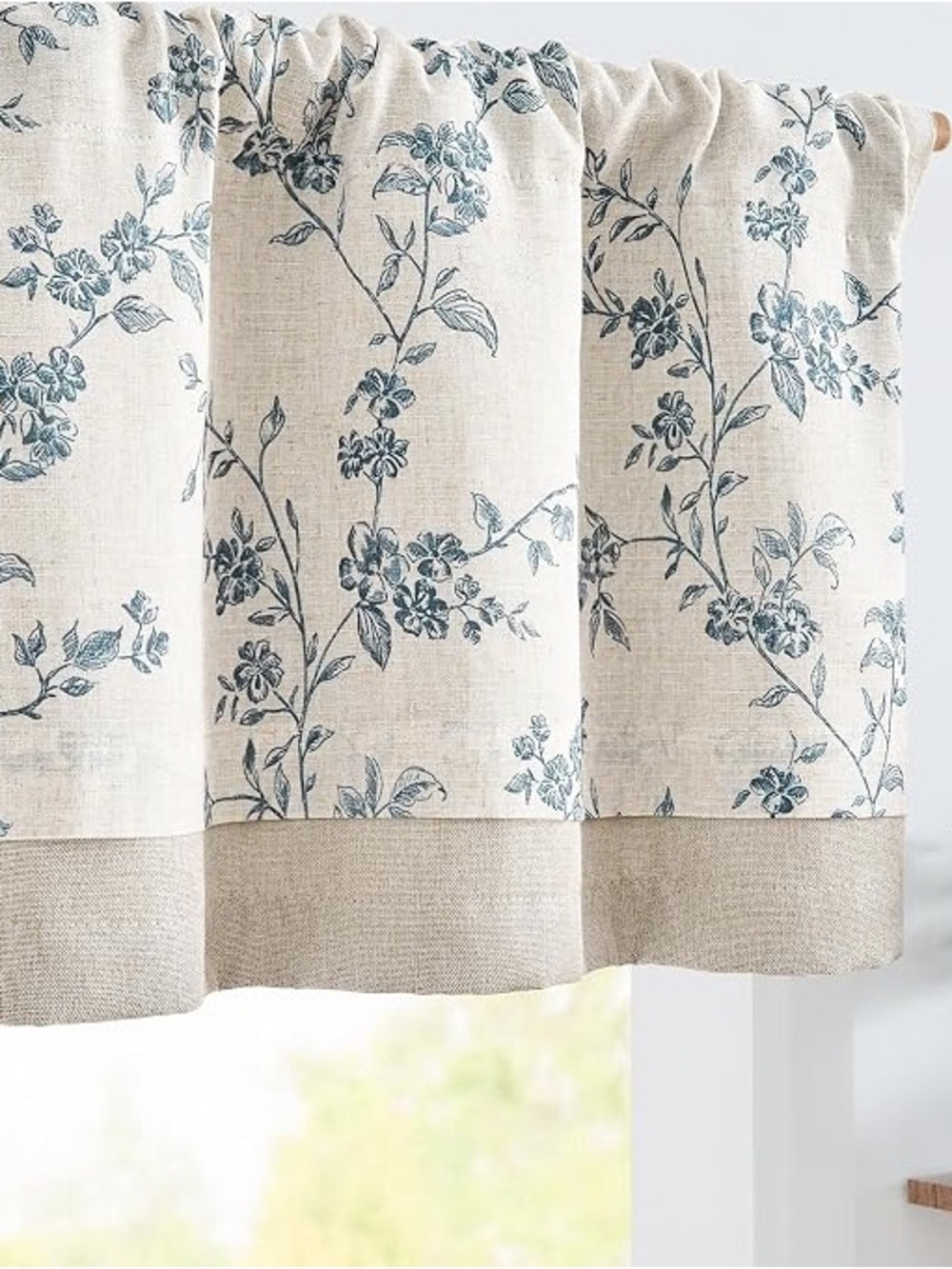 Classic Floral Linen Valance in Blue and Natural